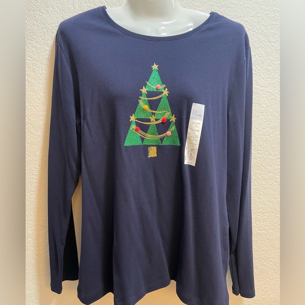 Croft & Barrow, Women’s Christmas 🎄 Classic Tee, Long Sleeve, Navy Blue, NWT